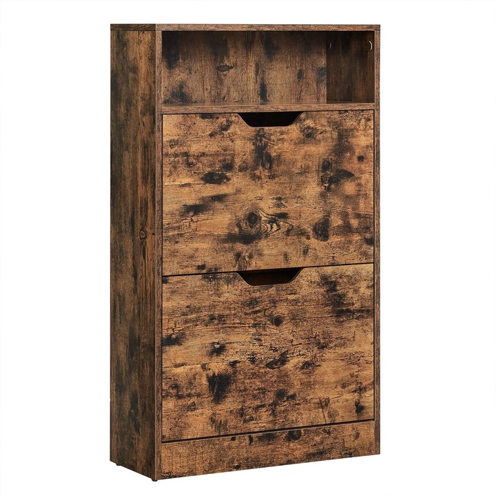 2 ajtós cipős szekrény VASAGLE, 3 szintes cipőtartó, 1 nyitott rekesszel, könnyen tisztítható melamin furnér, 60 x 24 x 102 cm, rusztikus barna LBC040X01