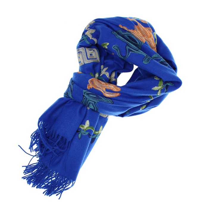 Esarfa, de dama, Buticcochet, Casmir, cu model ren brodat, 70x180 cm, Albastru - ES1528