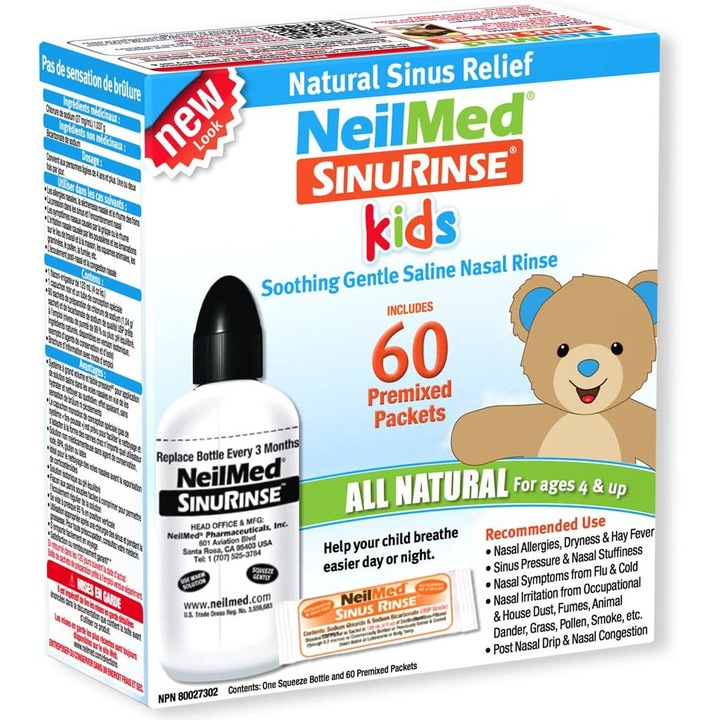 Set Irigator Nazal si Solutie Salina pentru Copii, Neilmed, Sinus Rinse, Curatare Sinusuri, Decongestie Nazala, 120ml, 60 plicuri (2.4gr)