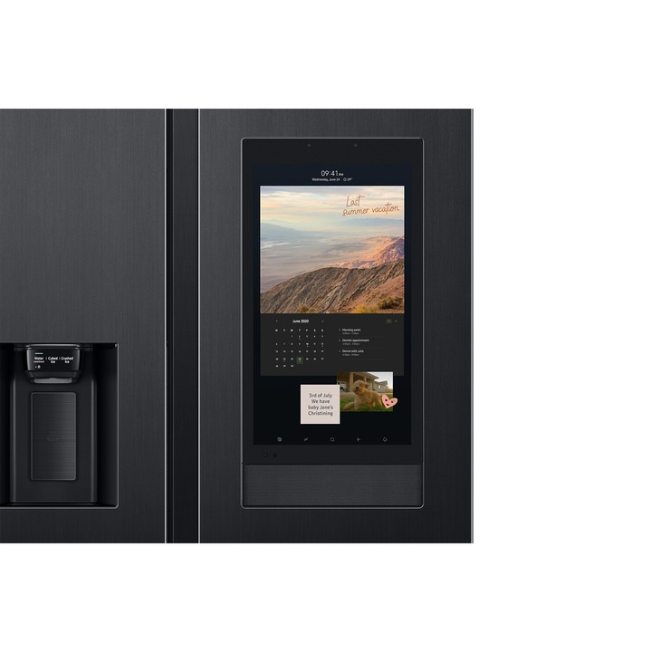 Side by Side Samsung RS6HA8891B1/EF, 614 l, Family Hub, SmartThings, Full No Frost, Twin Cooling Plus, Conversie Smart 5 in 1, WiFi, Dozator de apa/gheata, Raft sticle, Metal Cooling, Compresor Digital Inverter, Clasa E, H 178 cm, Smart Control, Dark Inox