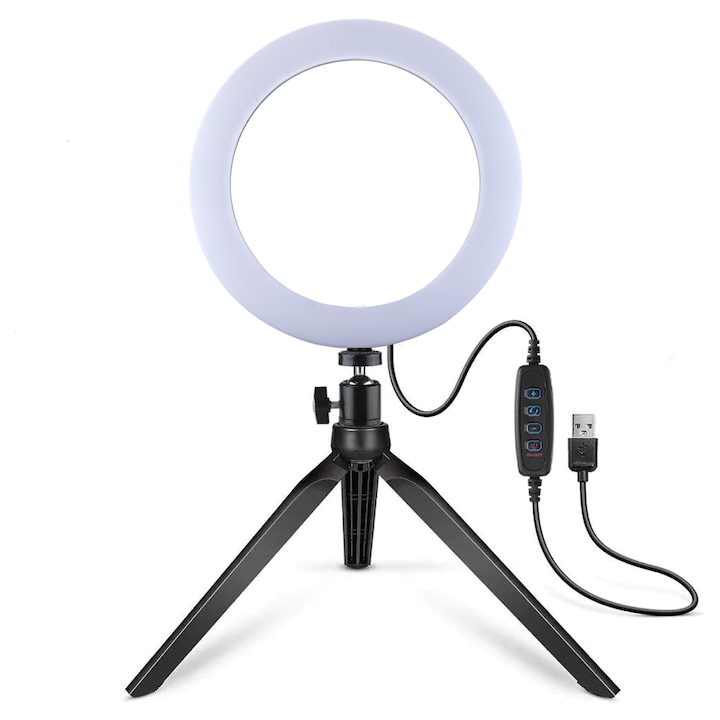 Lampa Circulara Ring Light Zenino® - Diametru 15cm/6 Inch, LED, Trepied 20 cm Inclus, 3 Moduri de Lumina, 10 Trepte Reglaj Temperatura Culoare, Alb