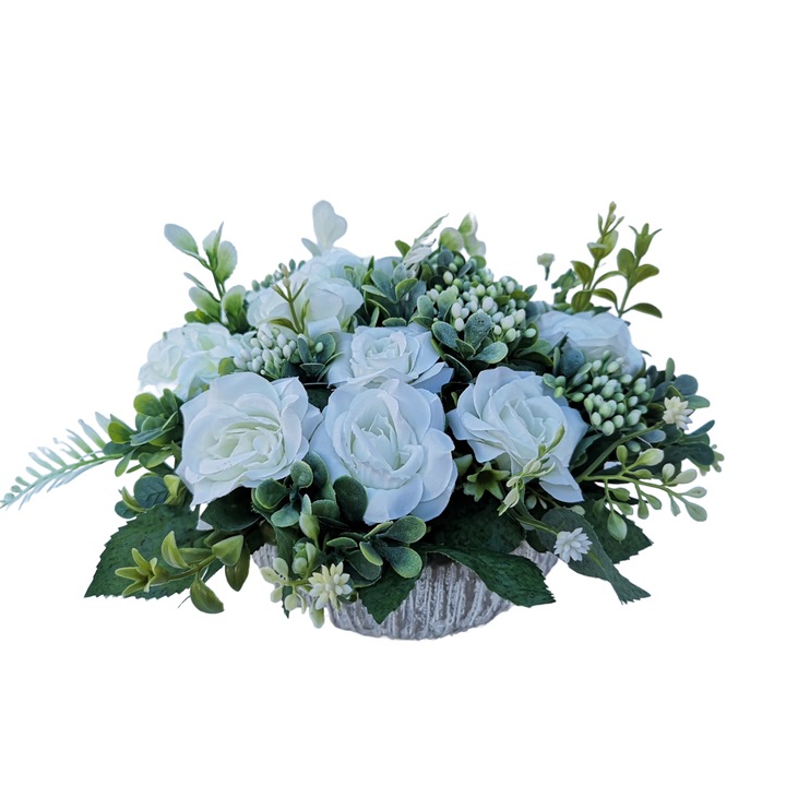 Vas rotund din piatra, Dady, cu decor din flori artificiale albe, 22x14 cm