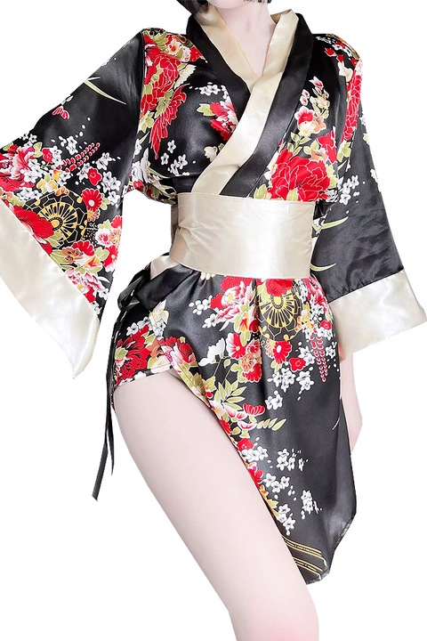 Азиатско кимоно, косплей, флорален принт, асиметрично, черно, един размер