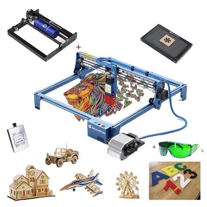 Комплект машина за лазерно гравиране SCULPFUN S9, С плоча и дюза, 90W, Въздушна помпа, 220V, Многоцветен