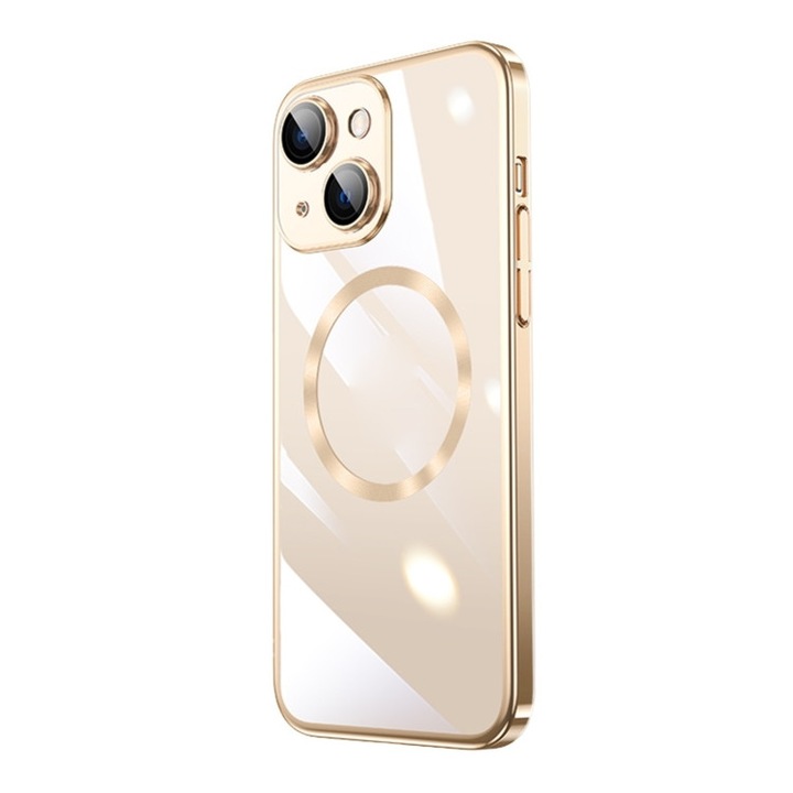 Husa Luxury tip MagSafe compatibila cu iPhone 14, Full protection, Margini colorate, Auriu