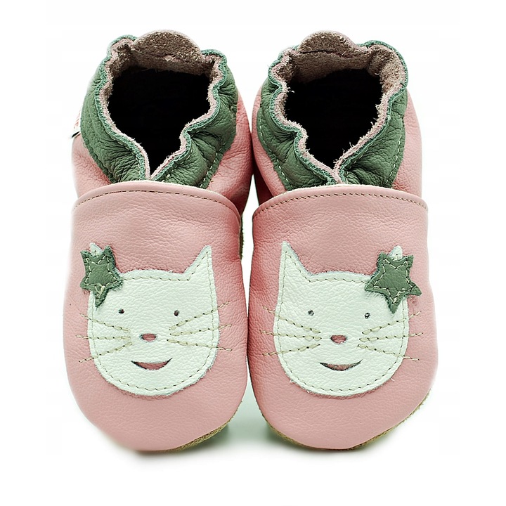Papuci pentru copii, EkoTuptusie, Piele naturala/Bumbac, Model Pisica, Multicolor
