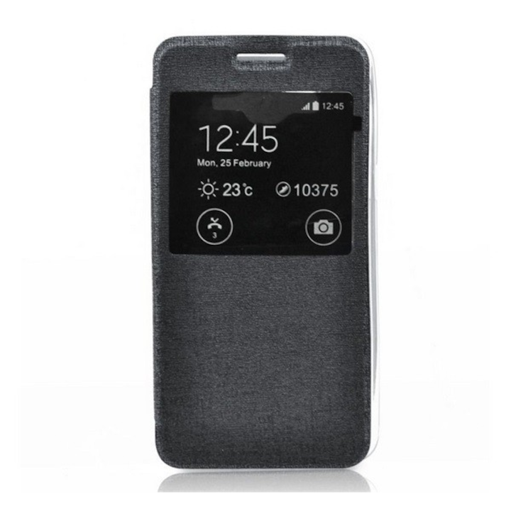 Tok álló, bőr hatású (FLIP, oldalra nyíló, S-View Cover) FEKETE [Sony Xperia Z5 (E6653)] (5996457594795)