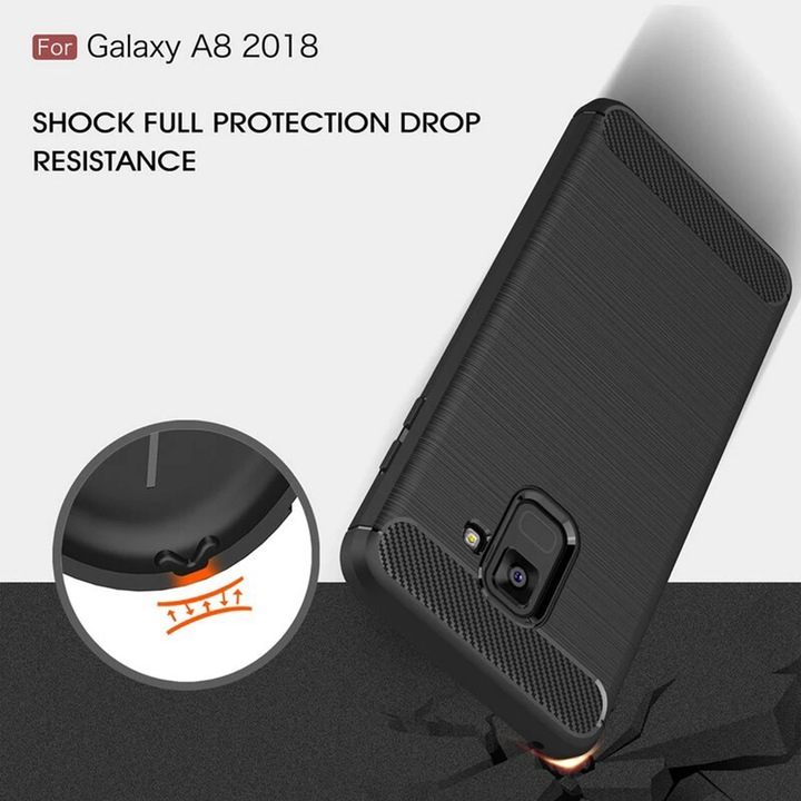 Калъф, съвместим с карбонов телефон, съвместим с Samsung Galaxy A8 2018, брониран удароустойчив G-Tech, матово покритие, черен
