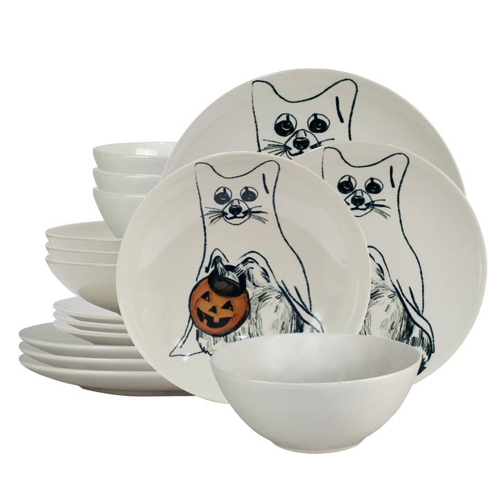 Set farfurii 16 piese, pentru 4 persoane, Pumpkin Cat, Cesiro, Ivoire cu Pisica