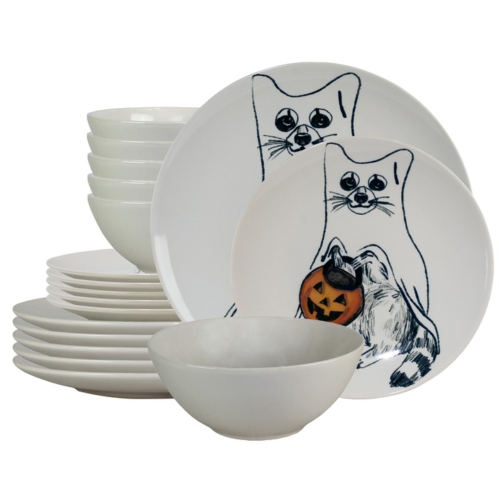 Set farfurii 18 piese, pentru 6 persoane, Pumpkin Cat, 18 piese, Cesiro, Alb Ivoire cu Pisica