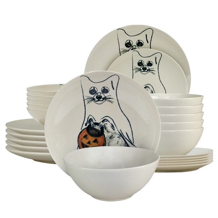 Set farfurii 24 piese, pentru 6 persoane, Pumpkin Cat, esiro, Ivoire cu Pisica
