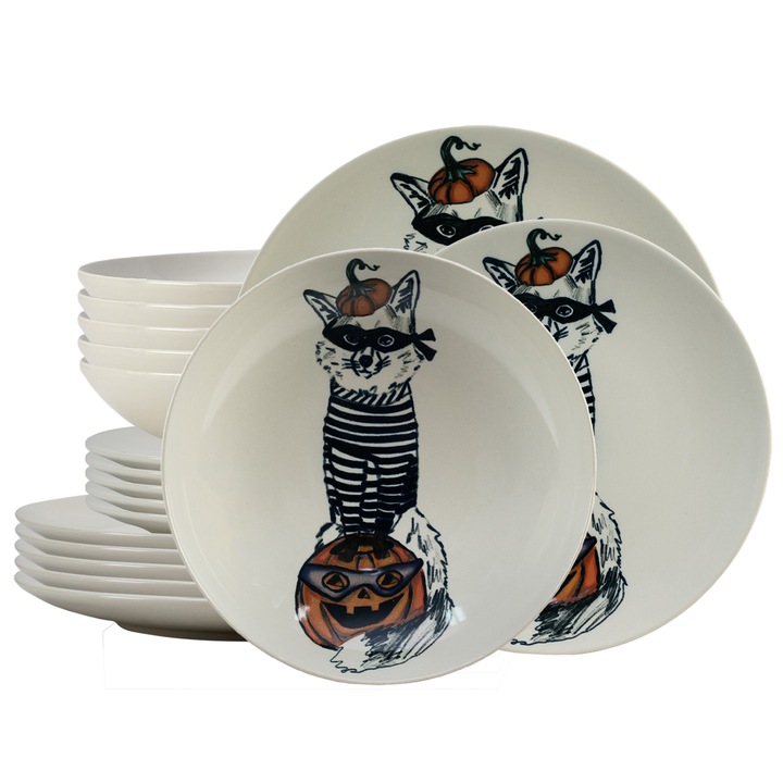 Set farfurii 18 piese, pentru 6 persoane, Robber Cat, 18 piese, Cesiro, Ivoire cu Pisica
