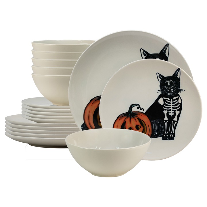 Set farfurii 18 piese, pentru 6 persoane, Skeleton Kitty, 18 piese, Cesiro, Alb Ivoire cu Pisica