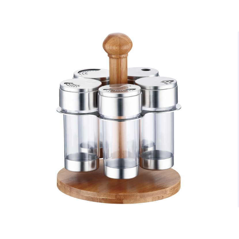 Set Condimente cu Suport din Bambus Pineta Peterhof, 6 piese, Inox si Sticla