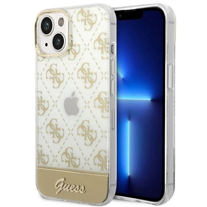 Husa Cover Guess PC/TPU Peony Glitter Script Logo pentru iPhone 14 Plus Gold