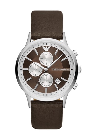 Emporio Armani, Часовник с хронометър и кожена каишка, Тъмнокафяв