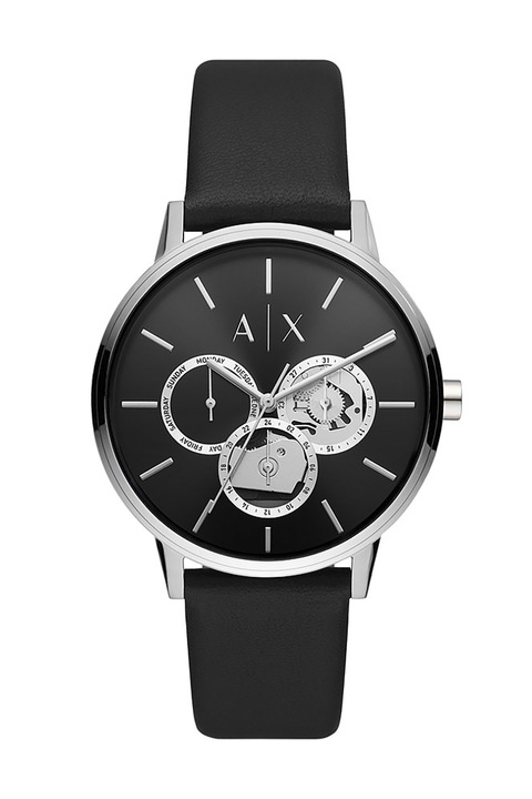 ARMANI EXCHANGE, Мултифункционален часовник с кожена каишка, Черен