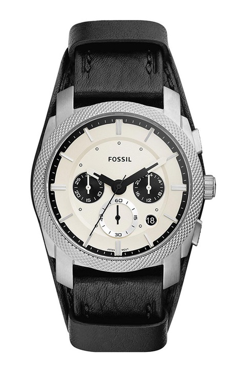 Fossil, Часовник с кожена каишка и хронограф, Черен