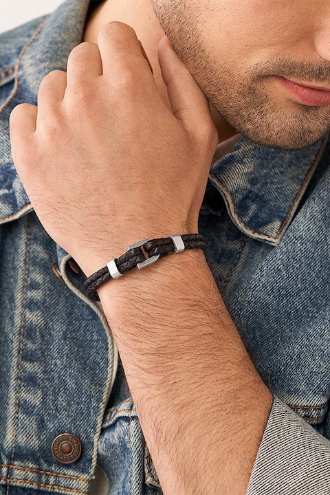 Fossil, Кожена сплетена гривна с двуреден дизайн, Кафяв