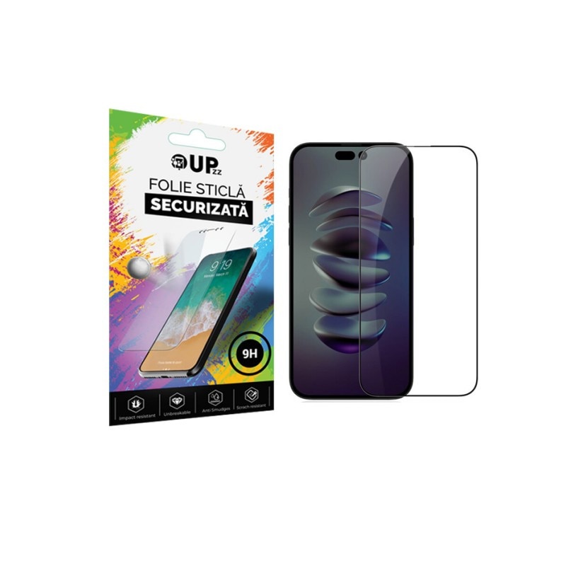 Folie Sticla Securizata Upzz Rinbo Compatibila Cu iPhone 15 Pro Max Adeziv Pe Toata Suprafata, Full Cover, Duritate 9h