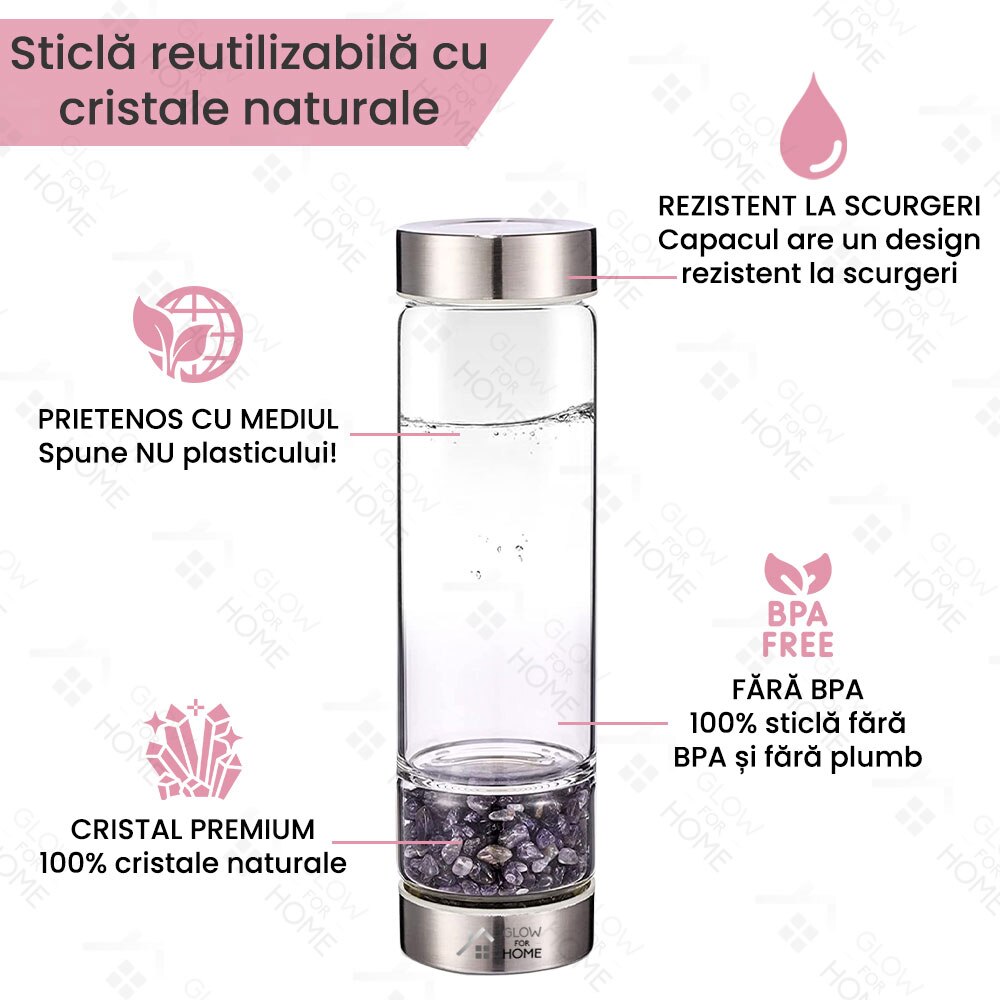 Sticla Reutilizabila Cu Cristale Naturale Active De Purificare Si Energizare Glowforhome Capac 6700