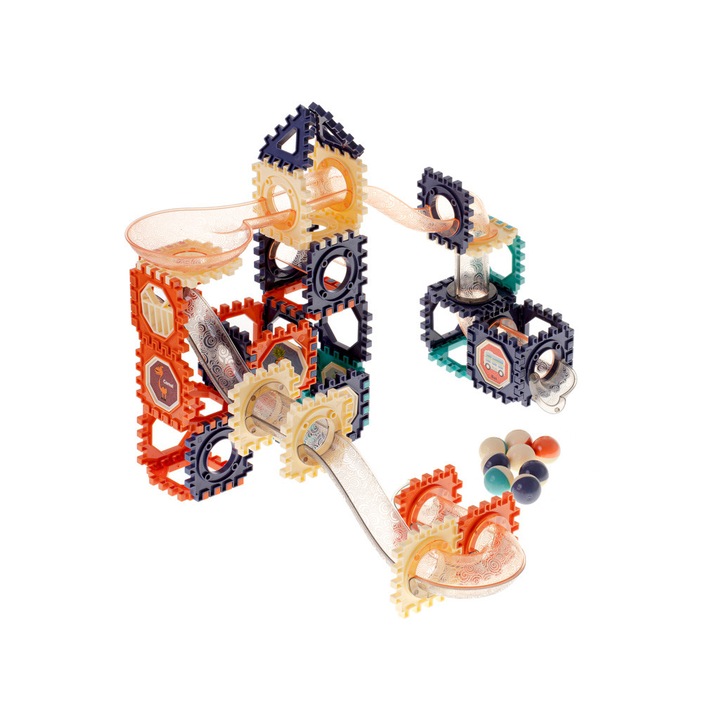 Set de constructie pentru copii, Zola®, 110 piese, pista cu bilute, 20 de autocolante, din plastic, multicolore, varsta +3 ani