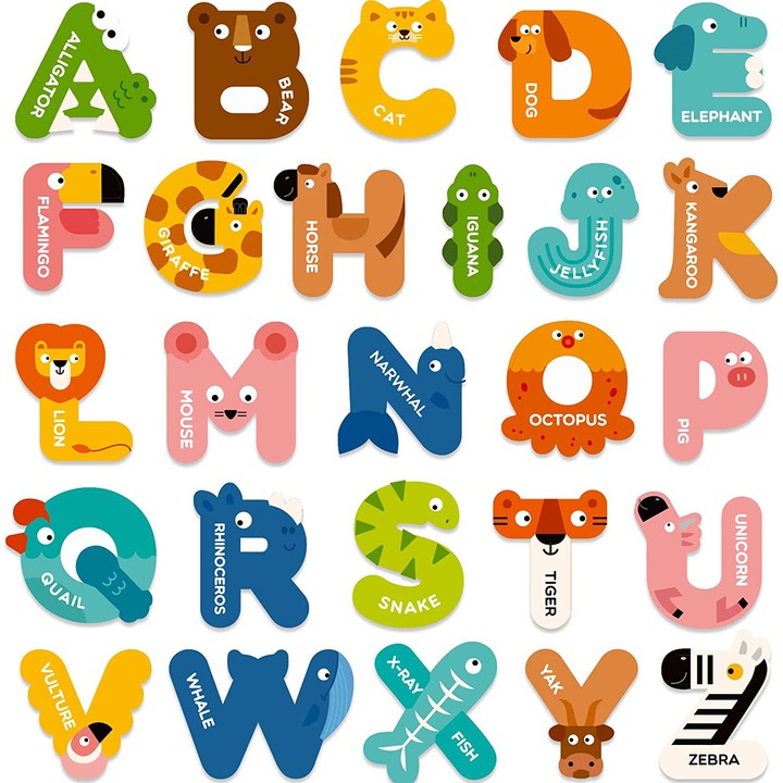 Set 26 piese cu litere alfabet animal magnetice, MorFansi, jucarii educative pentru copii de 3 ani+, Multicolor