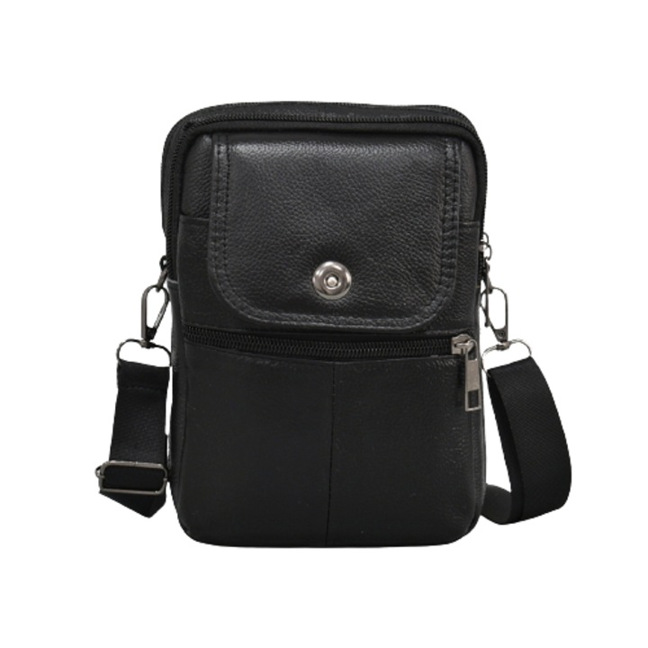 Férfi táska 6714, Valódi bőr, 14/19/5 cm, Fekete