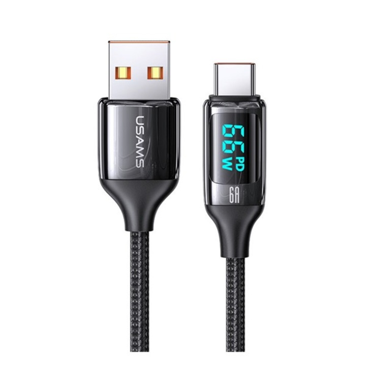Usams u78 adatkábel, usb - type-c, 65w, pd gyorstöltő, 120cm, cipőfűző, led kijelző, fekete