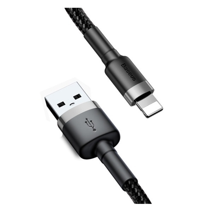 Baseus cafule adatkábel, usb - lightning, 2.4a, gyorstöltő 3.0, 100cm, cipőfűző, fekete/szürke, kompatibilis: Apple iPhone 14 Plus / iPhone 14 Pro / iPhone 14