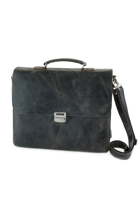 Servieta barbati Stefania Simon, Piele naturala, 35.5x31x13 cm, Gri inchis