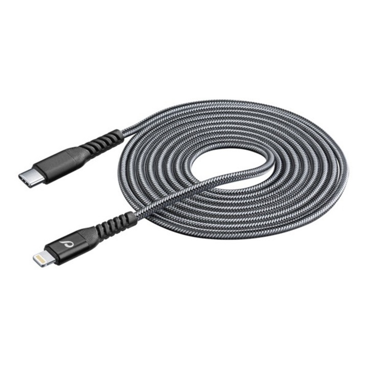Cellularline adatkábel, type-c - lightning, gyorstöltő, 120cm, kevlár borítás, mfi, fekete