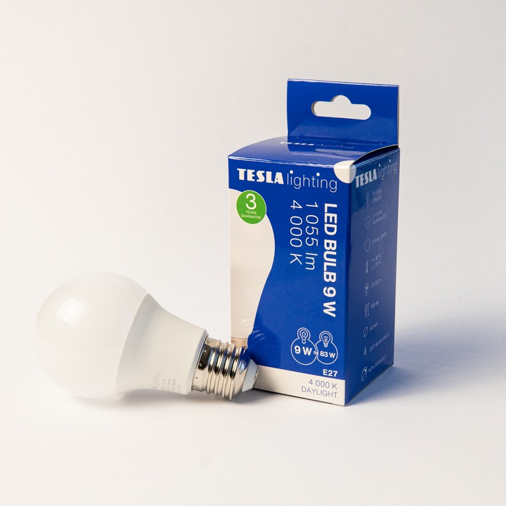 LED крушка, TESLA осветление, E27, 9W, 230V, 1055lm, неутрална светлина 4000K, 220º, еквивалент на крушка 60W