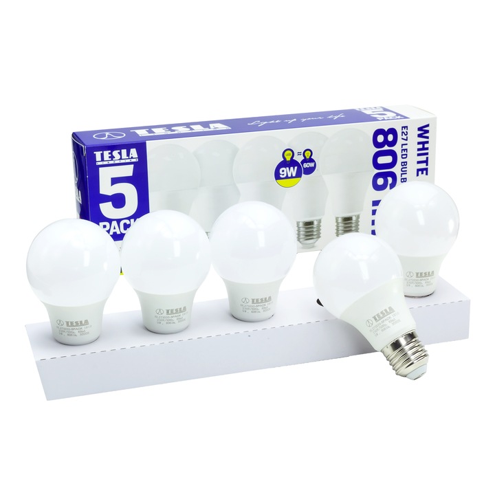 Комплект от 5 led крушки, Tesla Lighting, 9W, 230V, 806lm, 3000K топла светлина, 220º, еквивалент на класическа крушка 60W