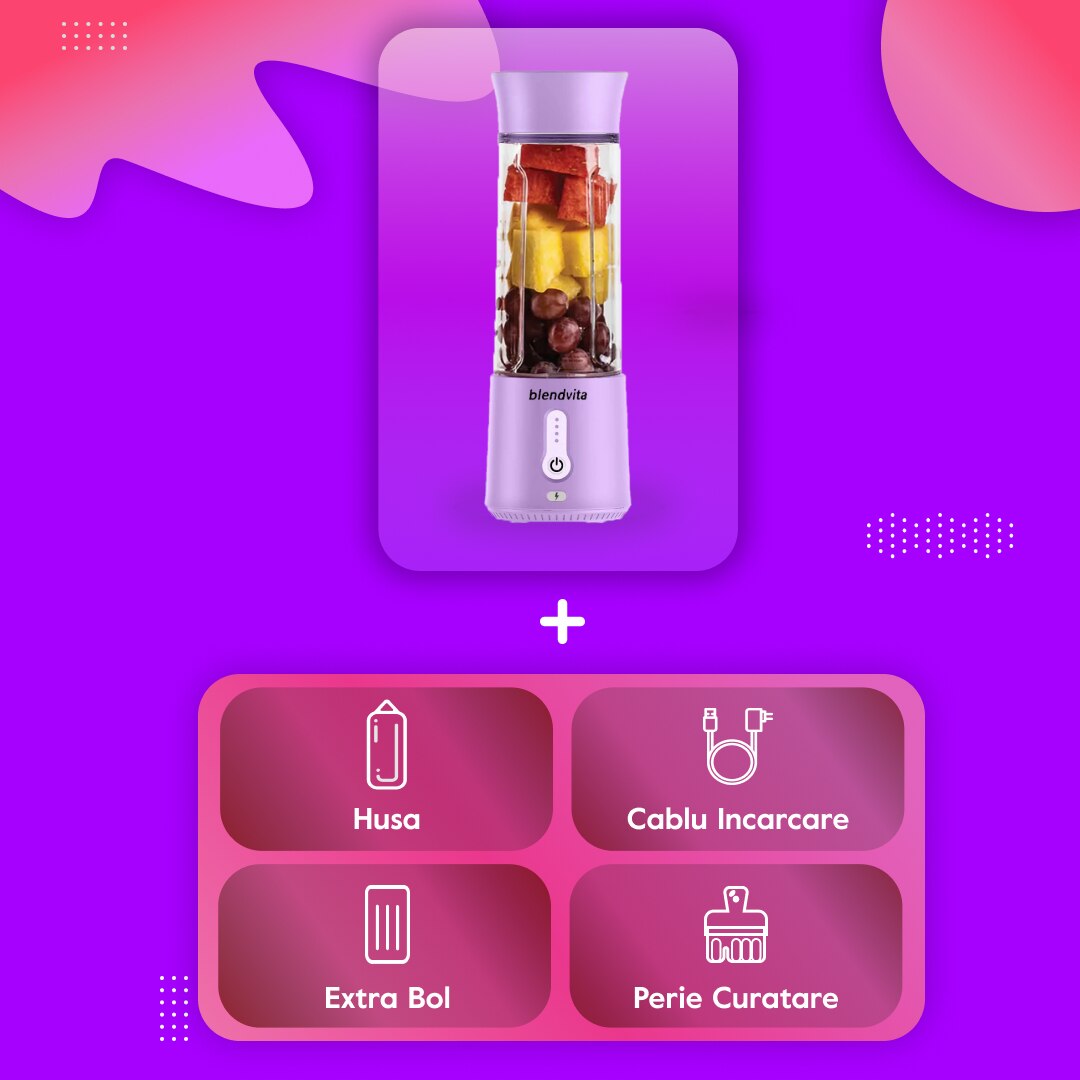 Mini Blender Portabil, BlendVita Pro, 6 Lame 3D, Capacitate 500ml