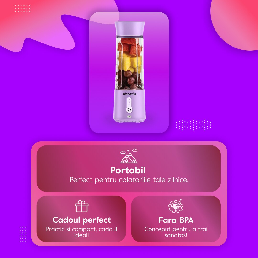 Mini Blender Portabil, BlendVita Pro, 6 Lame 3D, Capacitate 500ml