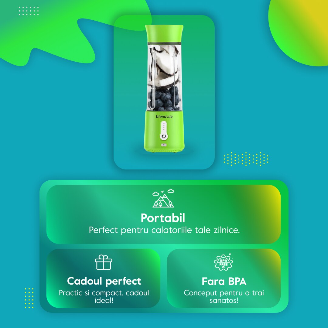 Mini Blender Portabil, BlendVita Pro, 6 Lame 3D, Capacitate 500ml