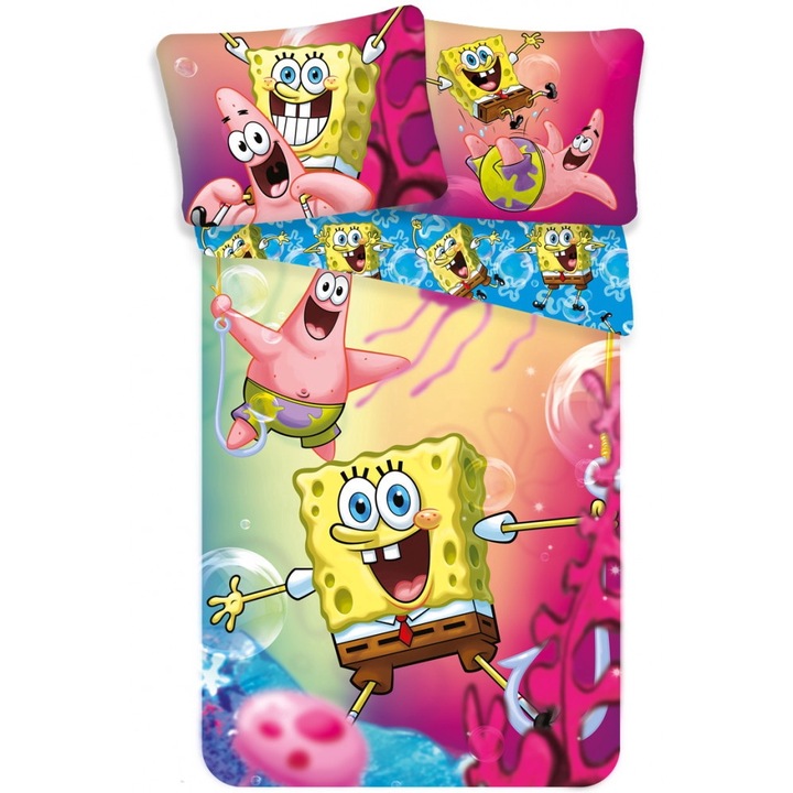 Set husa pilota si fata de perna, Javoli, Model Sponge Bob, Bumbac, 140×200 cm/70×90 cm, Multicolor