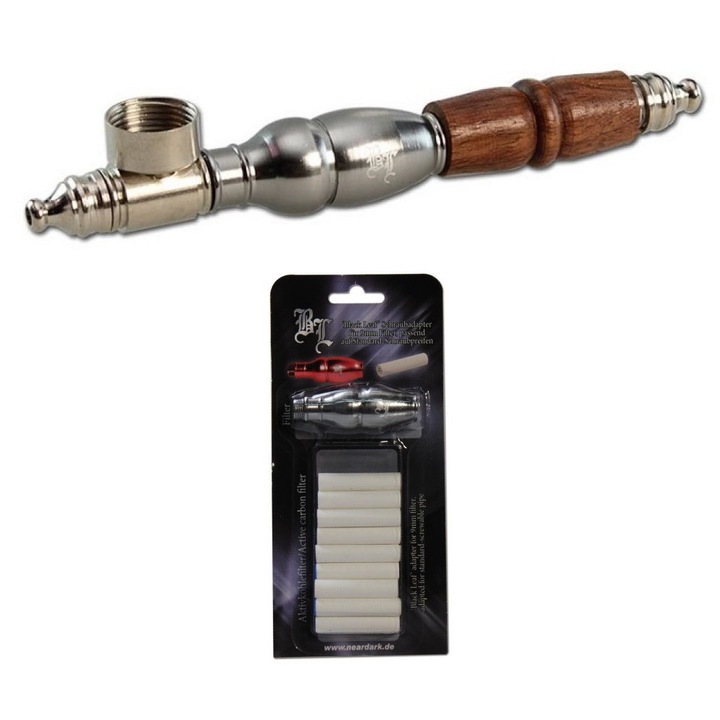 Set Pipa de lemn metalica de fumat cu adaptor, 10 Filtre Carbune activ