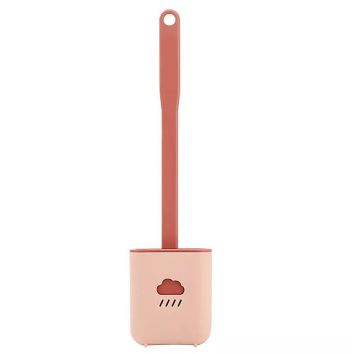 Perie de toaleta din silicon cu suport si cap flexibil, norisor, rosu pastel/orange pastel