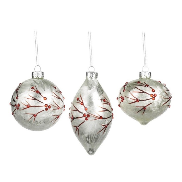 Комплект 3 топки за елха Frost Berry Silver, стъкло, 10 см