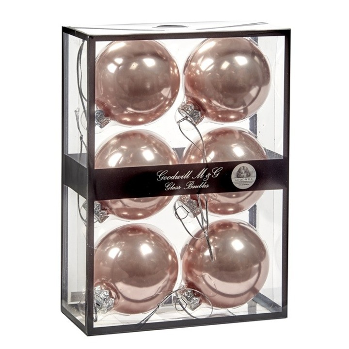 Комплект 6 топки за елха Rosy Gold, стъкло, 7 см