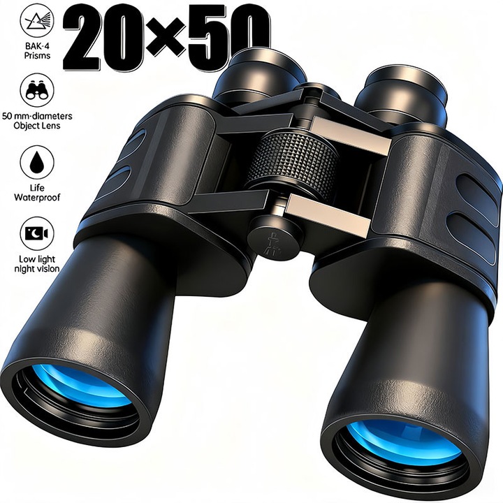 Binoclu 20x50 zi/noapte Excitat®️ Lentile Premium Prism BAK7, Rezistent La Apa, Pentru Adulti Si Copii, Putere Mare De Focalizare Pentru Observarea Pasarilor, Vanatoare, Calatorii, Turism, Negru