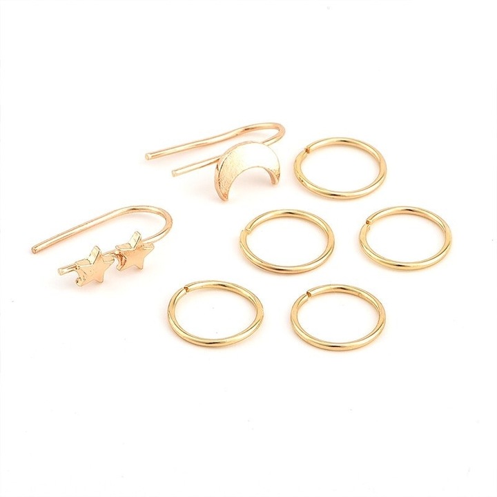 Set 7 cercei, aurii, ear cuff, cu luna si stele, Asker C28, Pursehuit