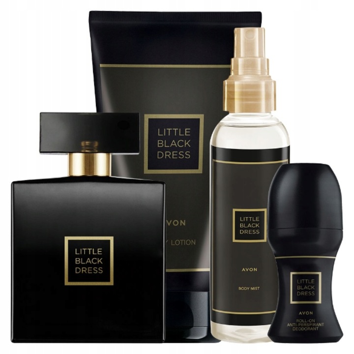 Set Little Black Dress 4 produse: Apa de parfum 50 ml, Lotiune corp 150 ml, Spray de corp 100 ml si Deodorant roll on 50 ml, Avon, 350 ml