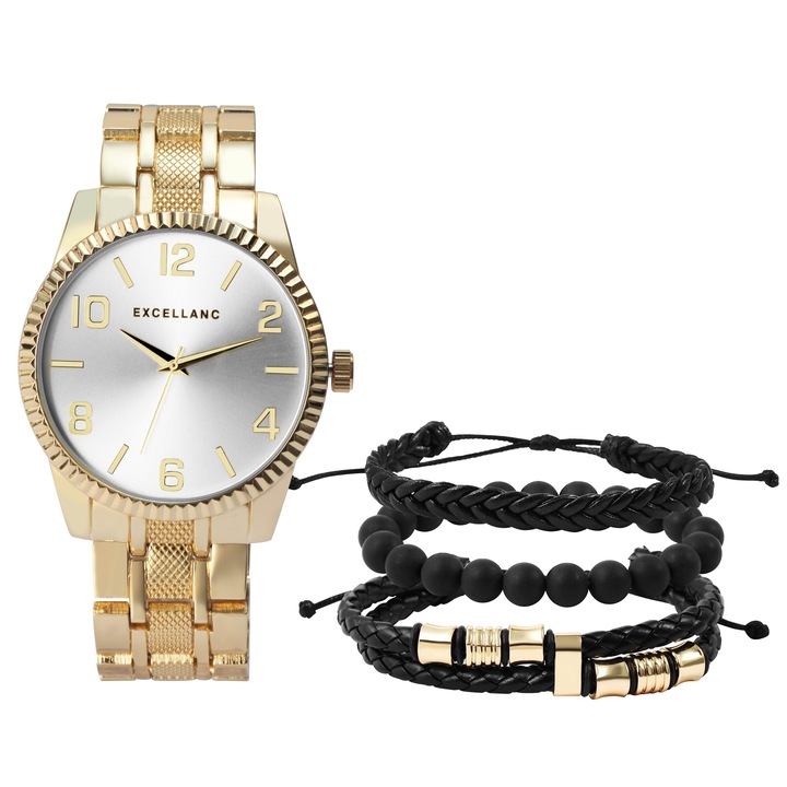 Комплект, Excellanc, мъжки часовник с аксесоари, Black Dream, перлено бяло, IP покритие, кожени каишки