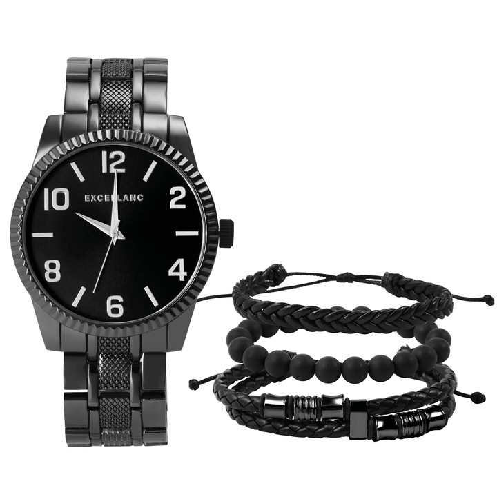 Комплект Excellanc, Мъжки часовник с аксесоари, Черен, IP покритие, Кожени каишки