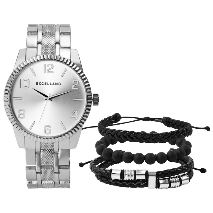 Комплект, Excellanc, мъжки часовник с аксесоари, Black Dream, сребро, IP покритие, кожени каишки