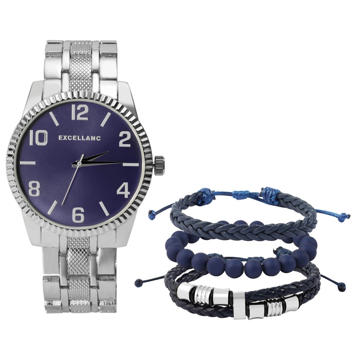 Комплект, Excellanc, мъжки часовник с аксесоари, Black Dream, син, IP покритие, кожени каишки