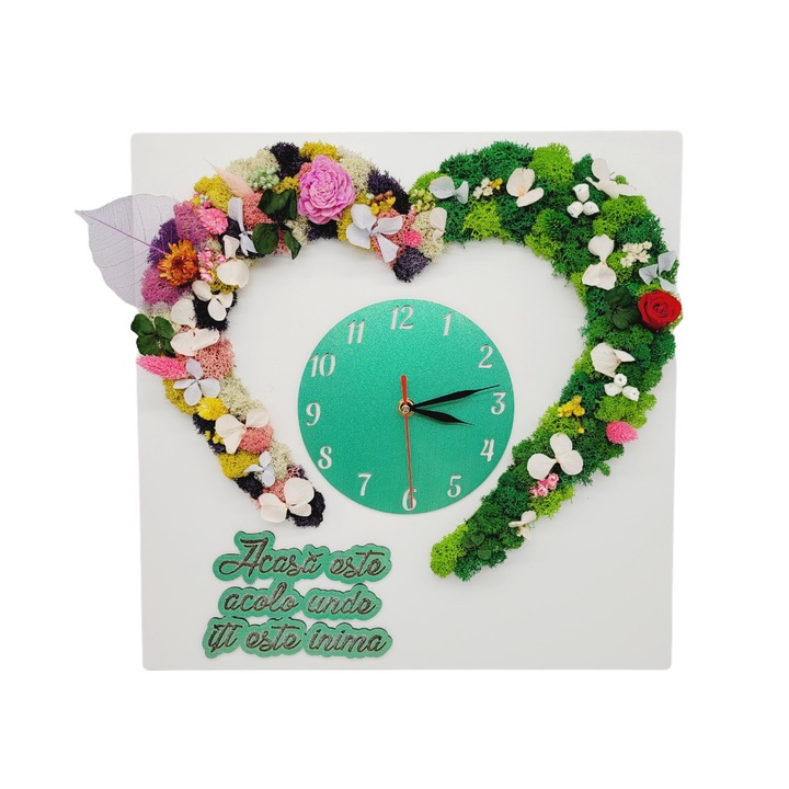 Ceas inima "Acasa", decorat cu licheni si flori stabilizate, 40x40 cm, Lemn, Model verde